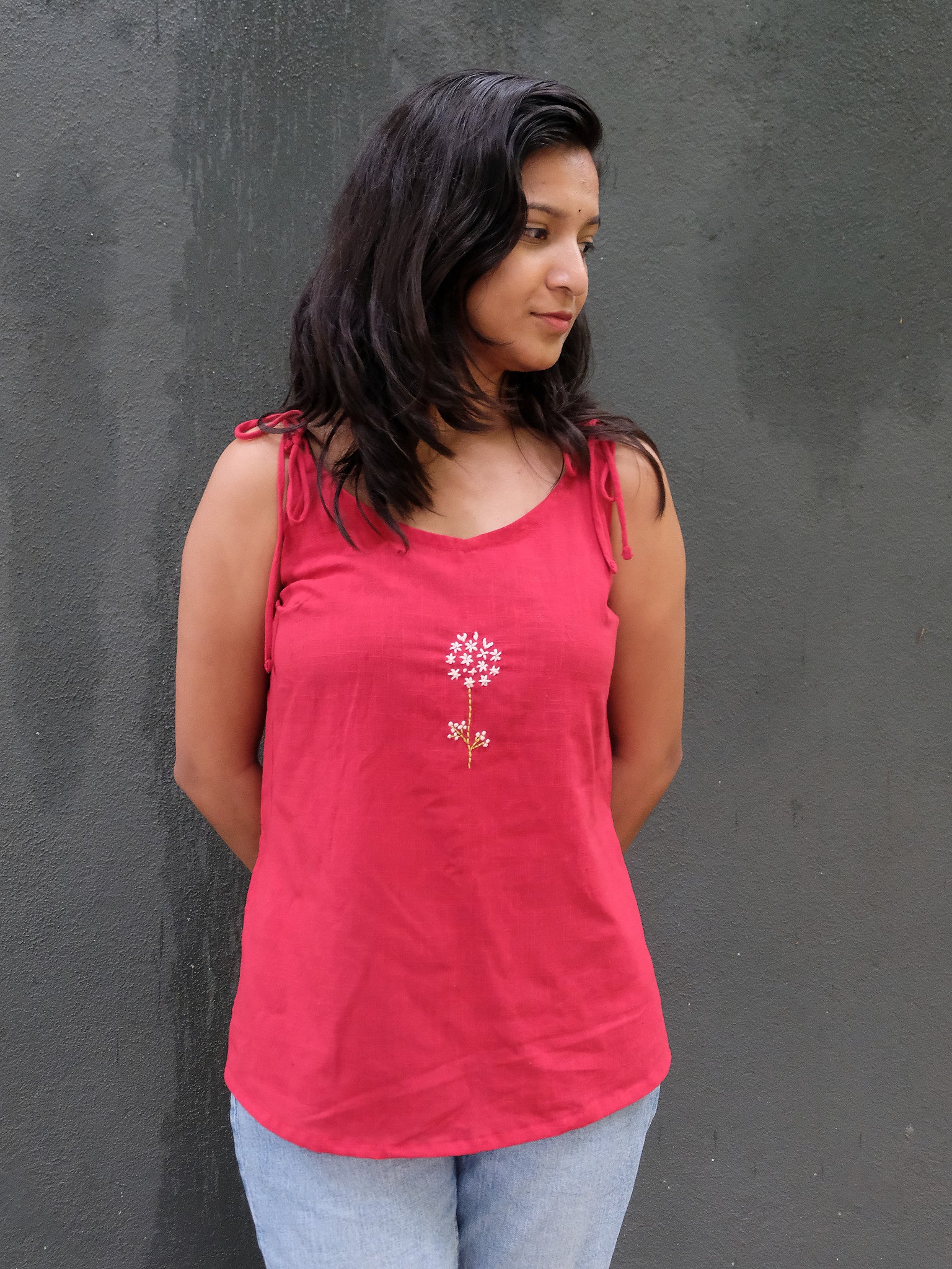 Kyra Maroon Minimal Embroidered Cotton Kurti with Chuppi