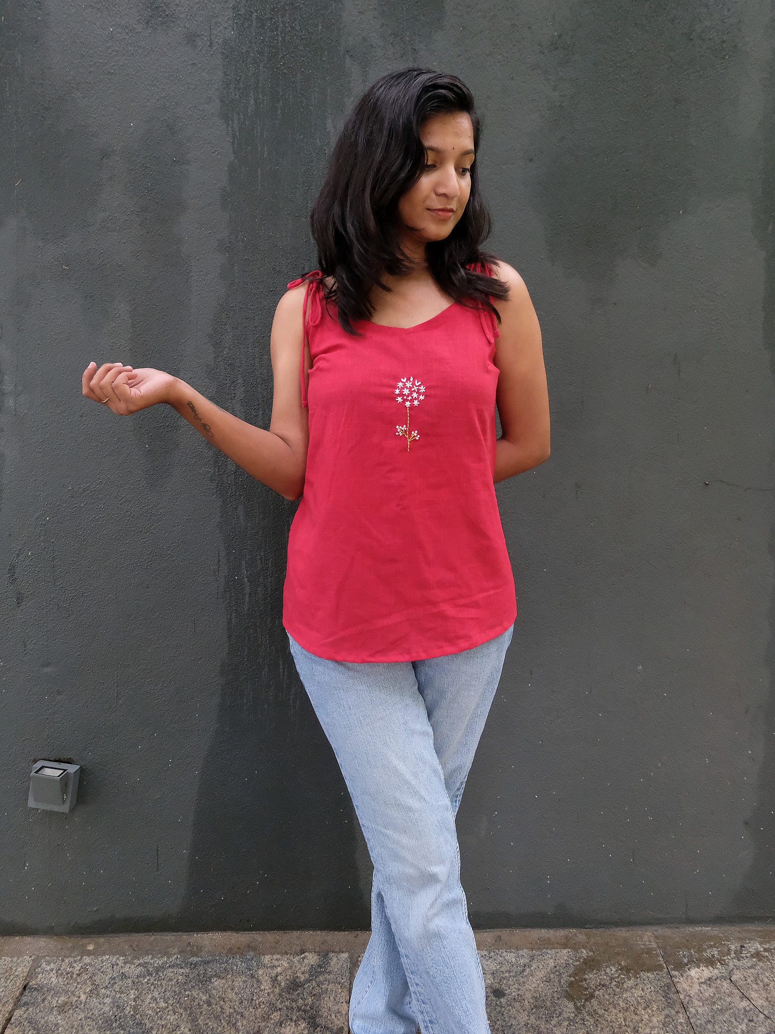 Kyra Maroon Minimal Embroidered Cotton Kurti with Chuppi