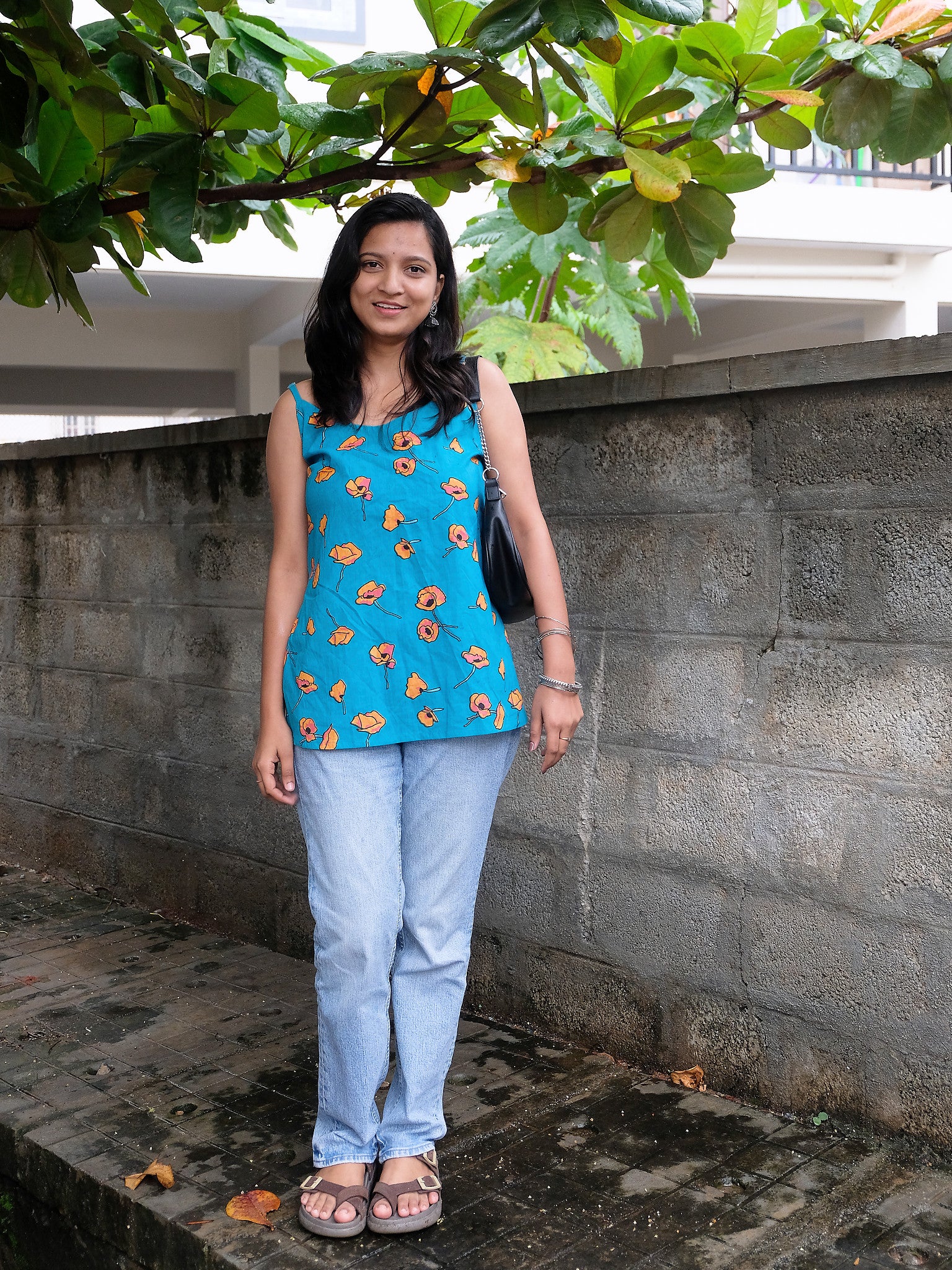 Inaya Turquoise Floral Block Print Cotton Kurti with Chuppi