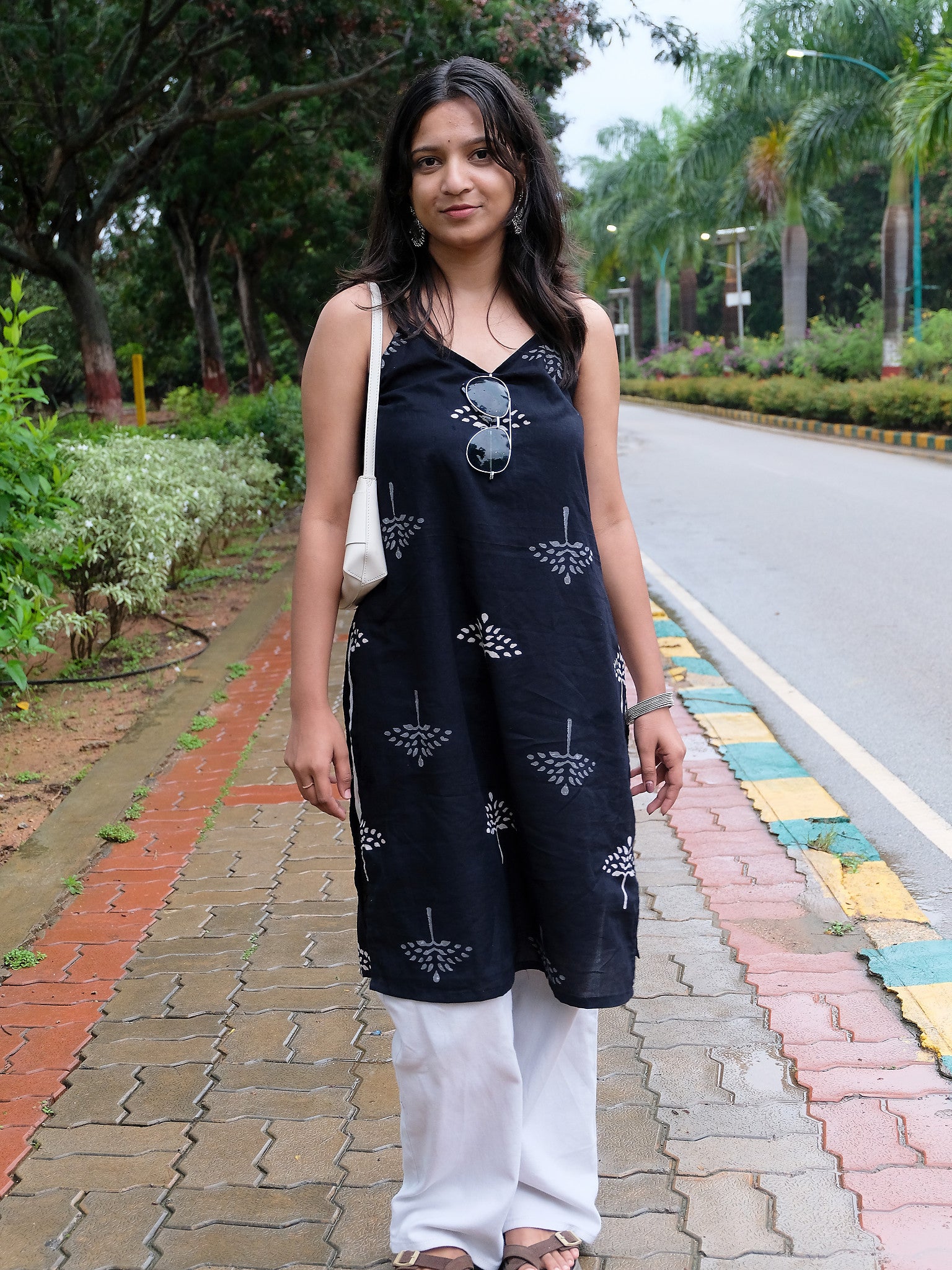 Ira Black Long Floral Block Print Cotton Kurti with Chuppi
