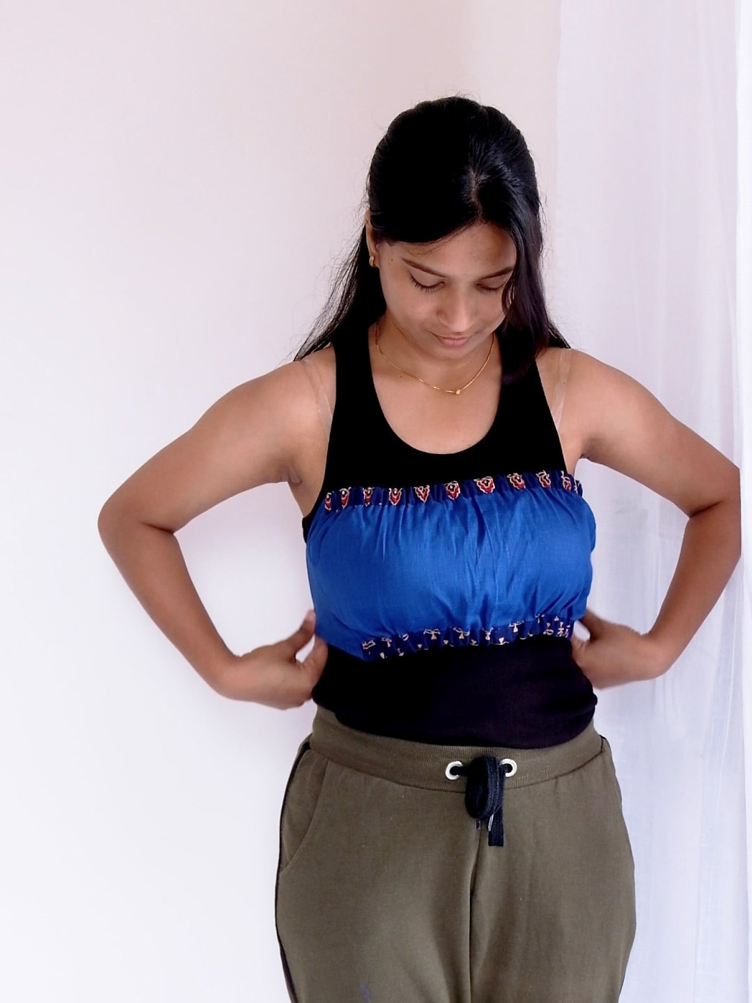 Aarna Blue Spade Motif Block Print Cotton Kurti with Chuppi